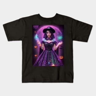 Halloween Spooky Neon Black Magic Witch Kids T-Shirt